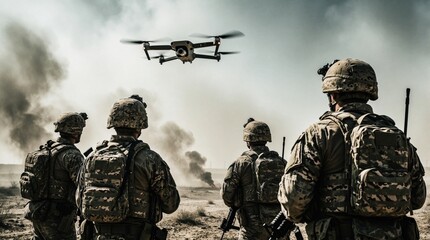 Fototapeta premium Soldiers in camo gear watch unmanned drone flying over desolate battlefield. Army troops use aerial surveillance tech for tactical recon mission in dusty desert. Military personnel monitor remote