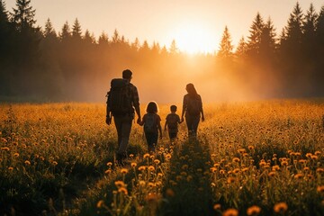 Obraz premium Happy family with kids hiking through flower field at sunset. Father carries big backpack mother, two children walk along path. Group enjoys summer outdoor adventure in golden hour forest landscape.