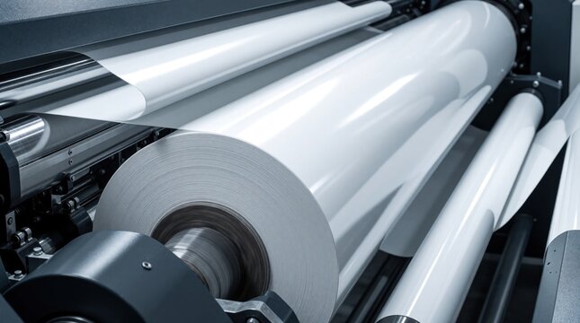 Large industrial machine cuts, glues white PVC film onto wood chipboard MDF boards. Automatic rollers process material for furniture production in factory. Heavy machinery operates continuous
