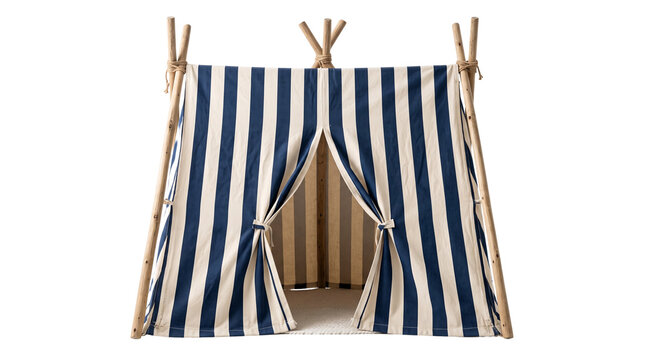 Kids Play Teepee Tent, Navy Blue and White Striped Canvas Wigwam Isolated on Transparent Background