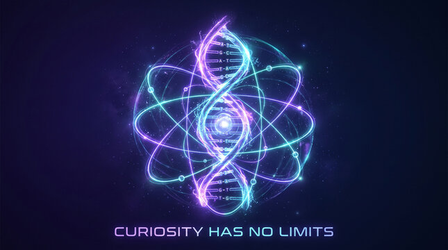 A glowing dna double helix structure surrounded by orbiting atom rings against a dark background with luminous DNA strand intertwined atomic orbital paths floating dark cosmic space
