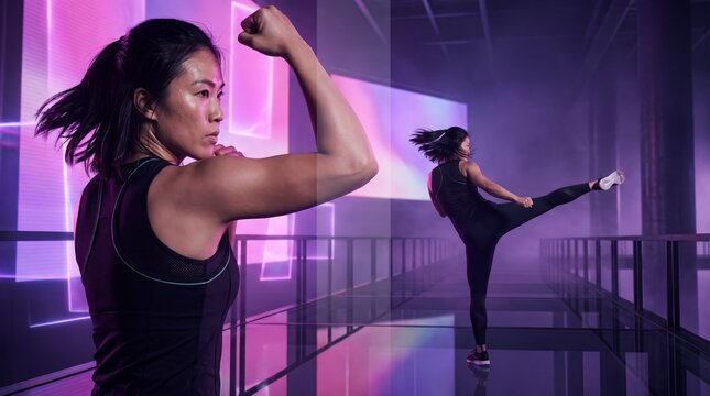 Intense woman in boxing guard beside high side kick on glass bridge in violet holographic hall