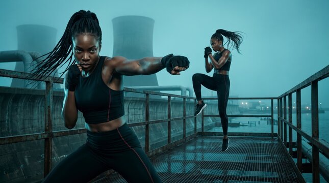 Confident woman throwing jab and jumping knee strike on steel walkway beside cooling towers