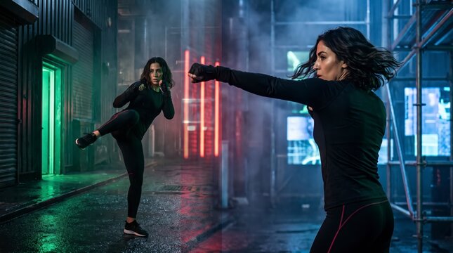 Relentless woman landing punch and front kick in wet alley with red neon lights and green door