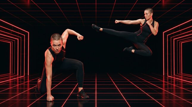 Unflinching woman with shaved head crouching and flying kick in crimson neon grid tunnel