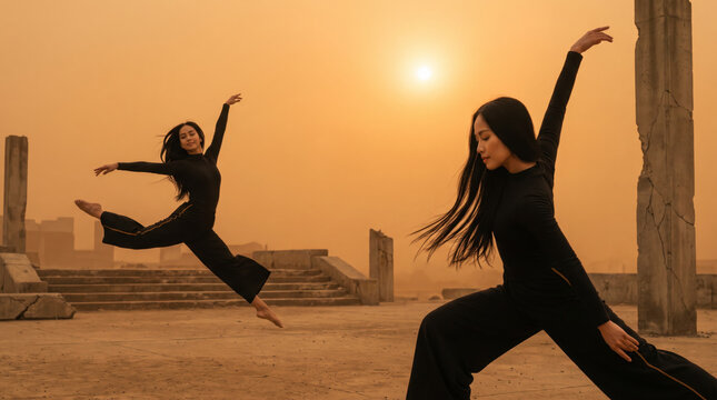 Graceful dancer soaring in grand jete and lunging among cracked concrete ruins in amber dust