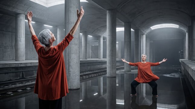 Contemplative senior dancer raising arms in flooded concrete subway station with red tunic