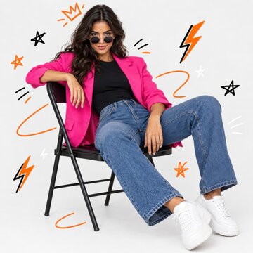 Young woman in pink blazer sitting on chair with doodles