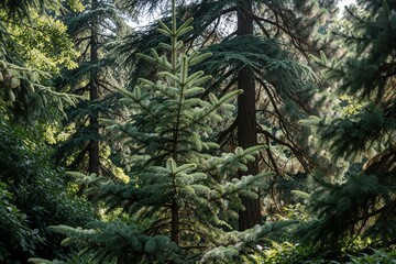 Obraz premium Green conifer tree grows in rich botanical garden. Dense forest landscape features tall pine, cedar trees under bright sunlight. Natural wood plants create peaceful summer park scenery. Evergreen