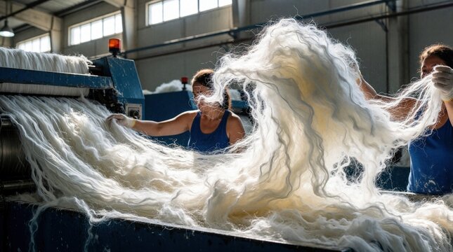 Workers process recycled polyester fibers in textile factory. Female employees handle soft white synthetic material near industrial machinery. Manufacturing plant uses eco tech for sustainable fabric