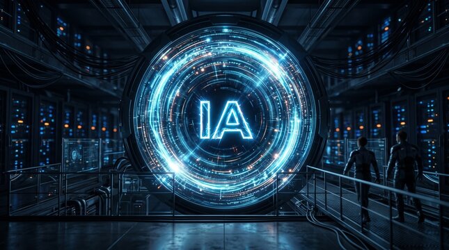Futuristic AI portal with glowing blue energy and data streams in a server room with two figures observing
