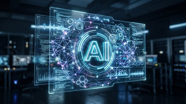 Futuristic AI interface displaying data analysis and network connections with AI logo in center