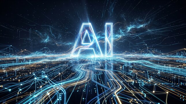Glowing AI logo illuminates a futuristic digital cityscape with flowing data streams and starry night sky