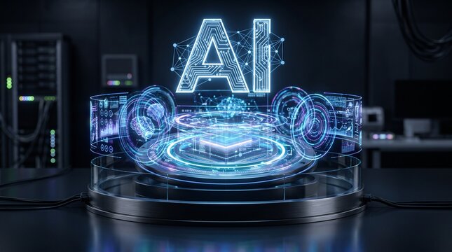 Futuristic AI technology concept with glowing AI logo and holographic data displays in a server room