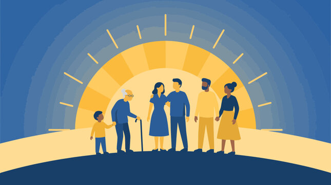 Diverse group of people standing together as a community against a bright sunrise background.
