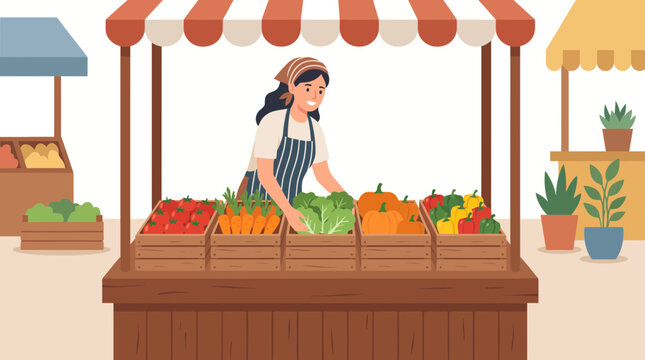 Friendly woman selling fresh organic vegetables at a local outdoor farmers market stall.