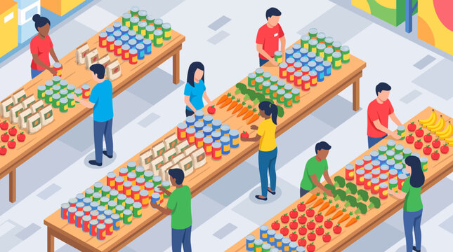 Isometric illustration of people shopping for groceries in a supermarket aisle.
