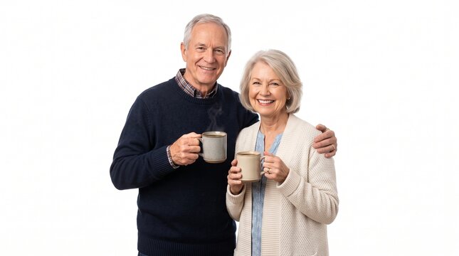 Happy senior couple enjoying hot beverages together with steam rising from mugs on a white background