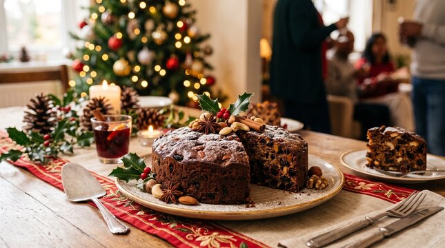 Festive Christmas fruitcake with mulled wine and decorations on a wooden table