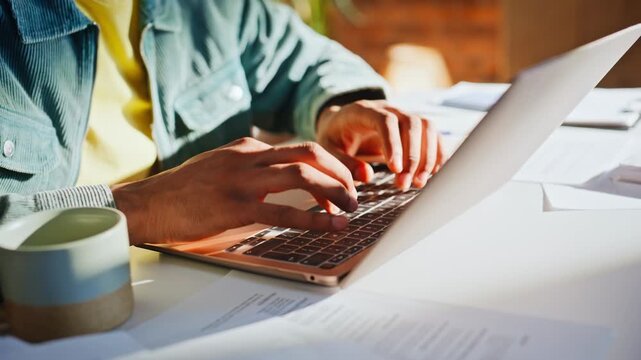 Closeup male hands typing laptop keyboard. Freelancer working papers coffee mug.