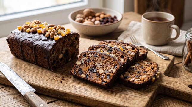 Rich Chocolate Fruitcake Loaf Topped with Nuts and Candied Orange Peel Sliced on a Wooden Board with Tea