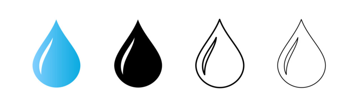 Blue and black water drop icons, set of 4 vector droplet symbols in flat and outline styles, liquid moisture graphics for ecology and spa