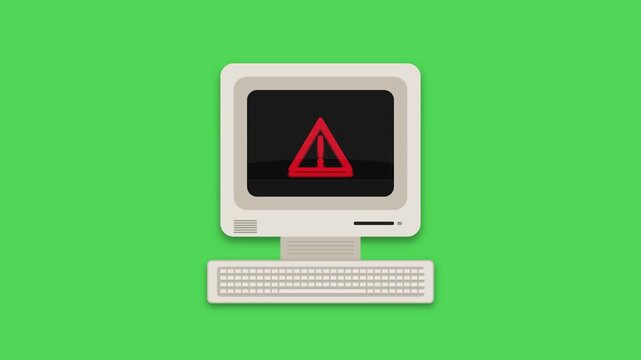 Retro computer monitor displaying warning sign animation