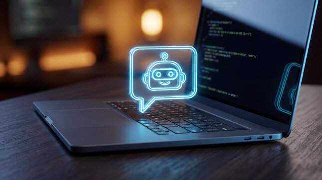 A conceptual image of a glowing neon chatbot icon floating above a laptop keyboard, representing artificial intelligence, machine learning, and digital support.