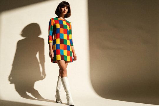Retro mod fashion woman wears colorful geometric print mini dress, white go-go boots. Stylish young female model poses in studio with long shadow. Vintage 1960s style outfit features bright multi