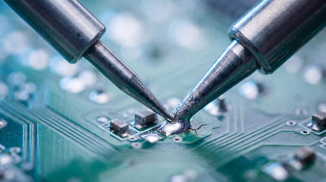 Macro view of a professional soldering iron working on a green printed circuit board, repairing small electronic components with molten lead-free solder.