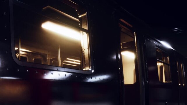 A train is at the station during nighttime. The metal surface reflects light. Windows show a warm glow from inside the train. The scene is quiet and still.