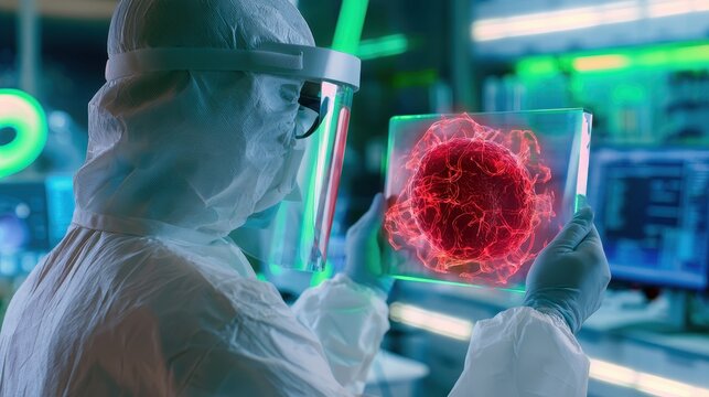 Scientist examines virus sample in futuristic lab with holographic