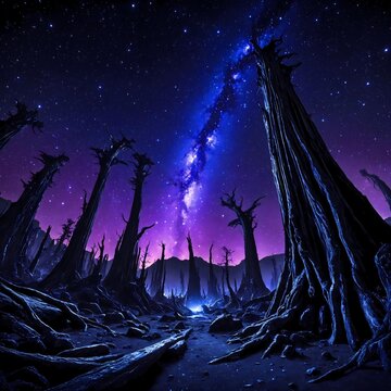 Paysage fantastique nocturne de for&ecirc;t d'arbres anciens p&eacute;trifi&eacute;s sous une arche de la Voie lact&eacute;e et un ciel cosmique violet
