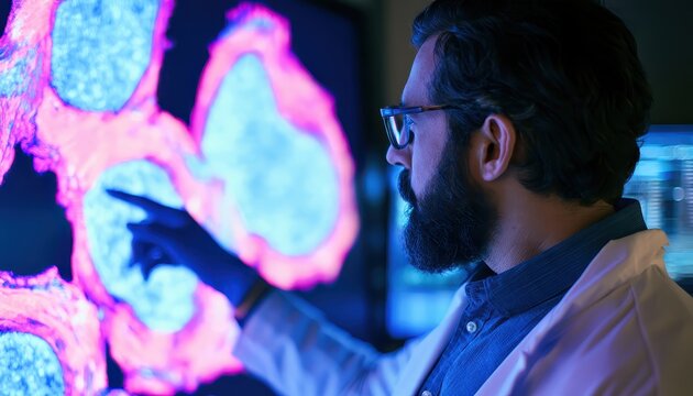 Male scientist analyzing medical imaging on digital screen in