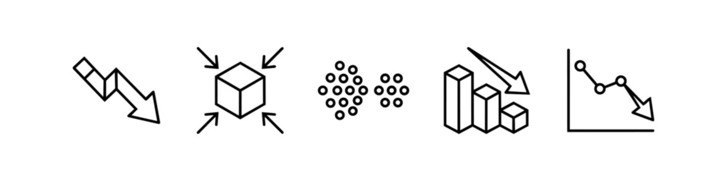 Set of reduction and decline line icons representing economic downturn, shrinking, market crash, falling sales, and decrease. Minimalist business symbols on white background.