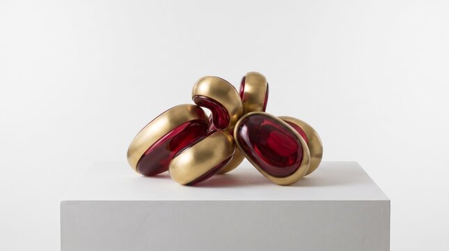 Abstract sculpture with polished gold and deep red glass elements on a white pedestal