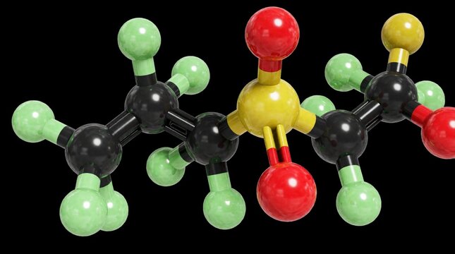 3D ball, stick model of PFOS molecule structure. Perfluorooctanesulfonic acid chemical formula C8HF17O3S shown on black background. Detailed molecular representation of organic pollutant, toxic