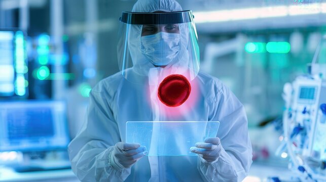 Scientist in hazmat suit analyzing digital blood cell sample in