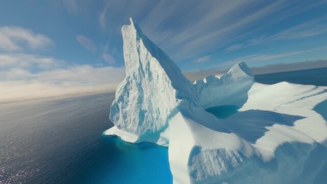FPV aerial view of a large iceberg floating in the deep blue ocean with turquoise water surrounding its base near Ilulissat, Avannaata Municipalit, Greenland.