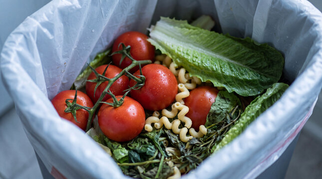 A high-angle close-up of fresh red tomatoes, lettuce, and pasta discarded in a white plastic-lined trash can, representing food waste and environmental issues.