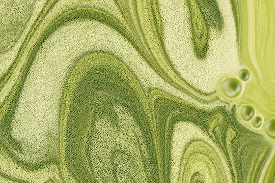 Abstract whipped matcha latte art with bubbles for beverage branding