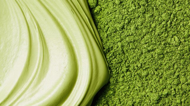 Vibrant matcha powder and smooth liquid close-up for health and