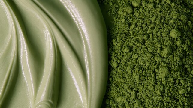Extreme close-up vibrant green matcha powder and smooth paste texture