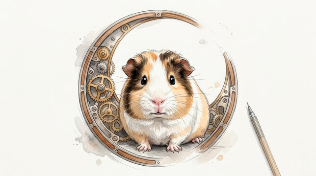 Watercolor guinea pig sitting inside steampunk crescent frame with clockwork gears and pencil on white background [copy space]