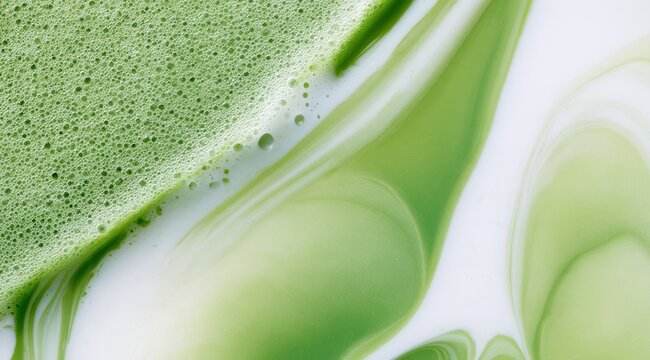 Vibrant green matcha tea swirls in white cup for earth day celebration