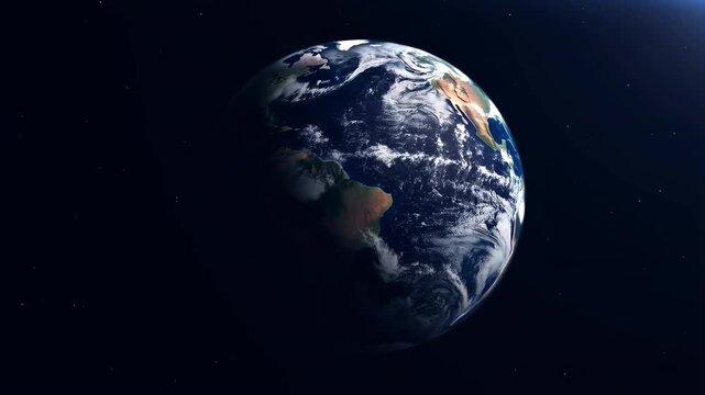 Earth rotating in space with day night terminator and sun flare over Americas 60 FPS