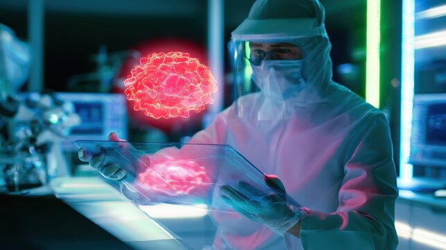 Scientist in protective gear analyzing holographic brain model in