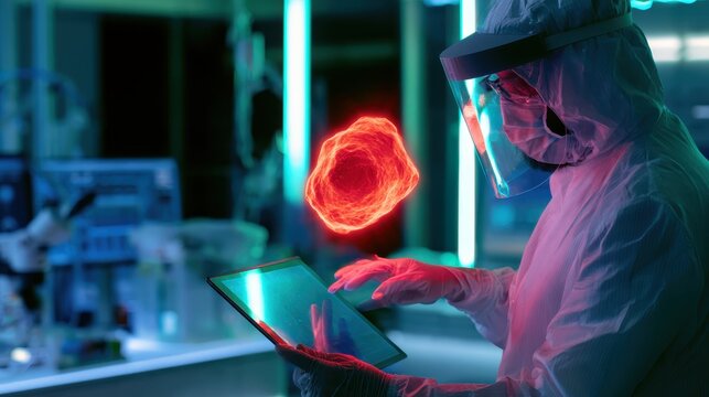 Scientist in protective gear analyzing digital medical hologram in