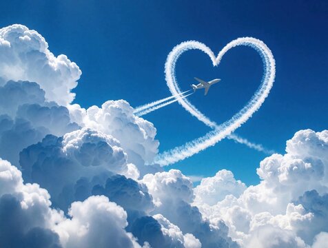 White jet airplane flies through bright blue sky. Plane leaves heart shaped contrail above big fluffy white clouds. Romantic symbol of love, travel in air. Aviation concept shows flight path forming