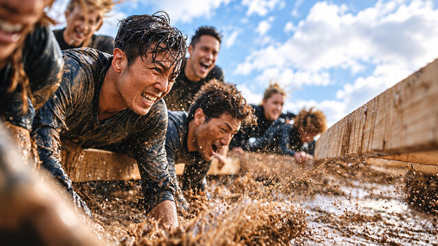 Mud Obstacle Race Participants Crawling Through Water Under Wooden Barrier